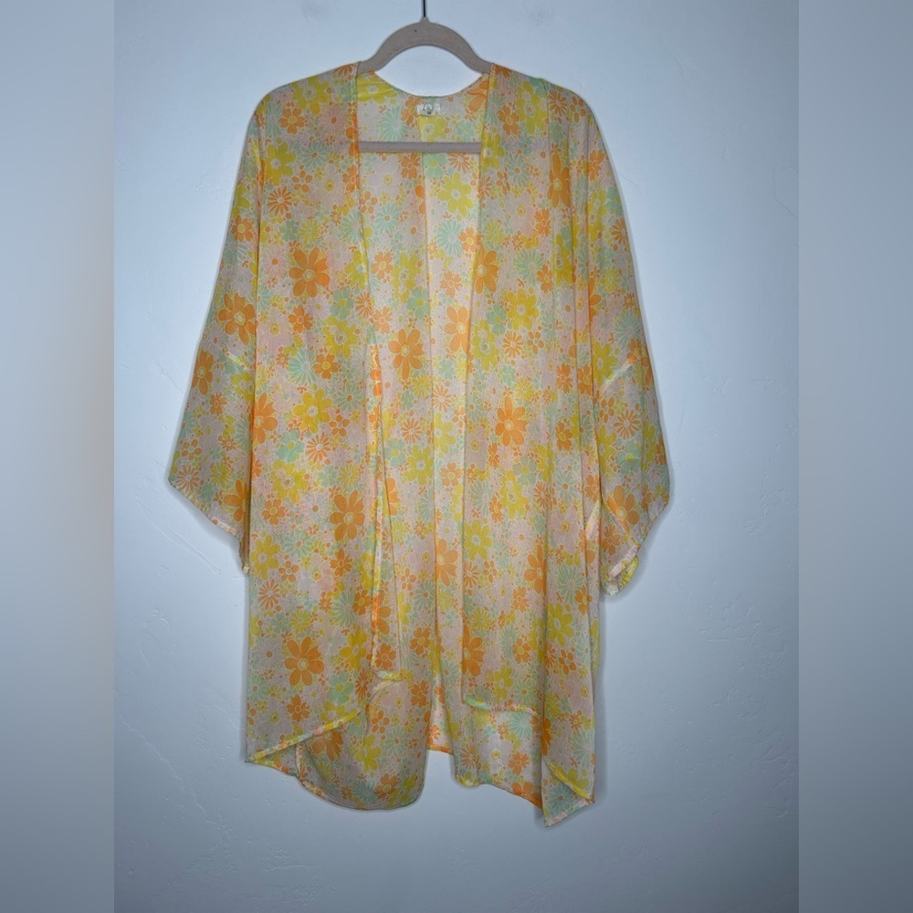 Aerie Floral Sheer Kimono Orange Green Yellow Pink‎ One Size Beach Coverup Boho